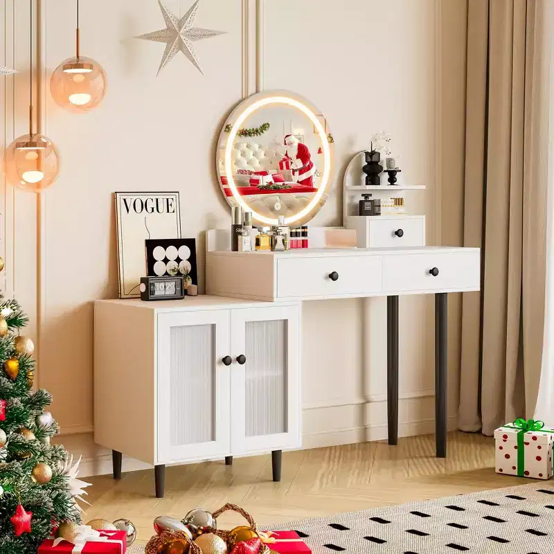 Vanity Desk with Round LED Mirror, Modern Makeup Vanity with Power Outlet, LED Touch Screen 3 Lighting Modes, Adjustable Brightness, 3 Drawers- White
