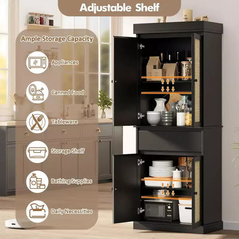 69-inch Tall Pantry Cabinet, Rattan Pantry Storage, Adjustable Shelves, Freestanding Cupboard with Drawer for Bathroom, Dining Room, Living Room