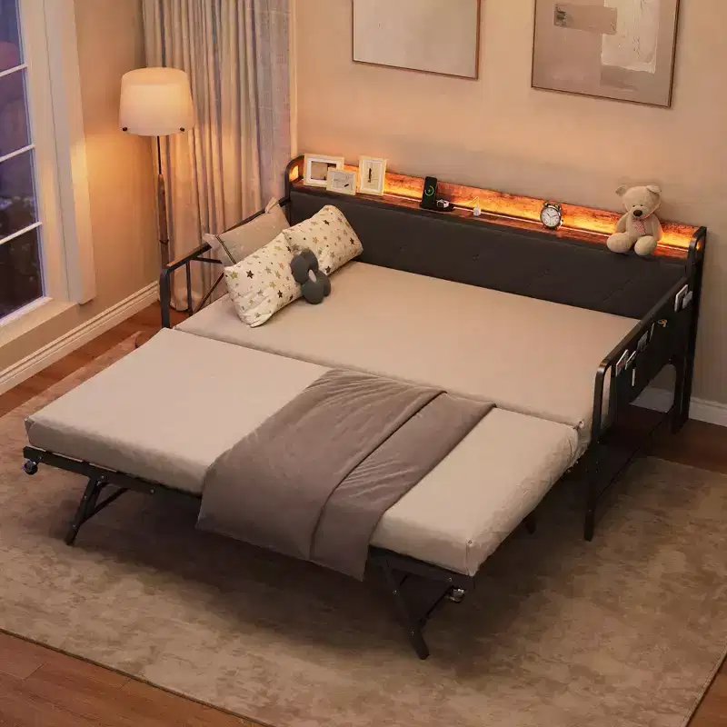 Daybed with Trundle and LED Light, Twin Size Bed Frame with Upholstered Headboard and Charging Station, Metal Frame Sofa Day Bed or Living Room