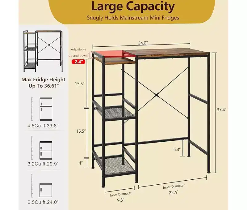 Fridge Stand with Storage Shelf, Adjustable Top Shelf for Microwave Stand & Coffee Bar, TV Stand for Dorm, Apartment, Kitchen, Office in Rustic Brown