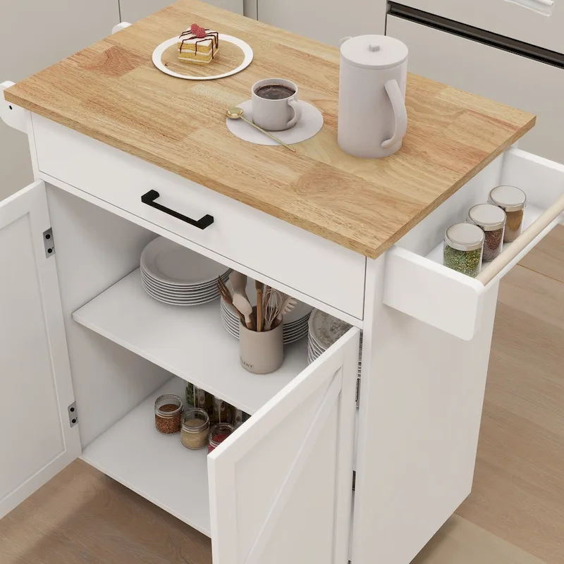 White Rubber Wood Kitchen Cart with Adjustable Shelves, Towel Rack
