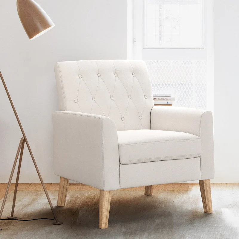 LUE BONA Linen and Walnut Legs Mid Century Modern Button Tufted Accent Chair - 29.53 H X 30 W X 33.07 D
