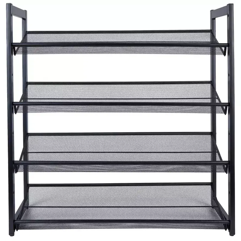 4 Tier Shoe Rack Organizer with Mesh Black: Iron Frame, Holds 16 Pairs, Freestanding, 29.8" Depth