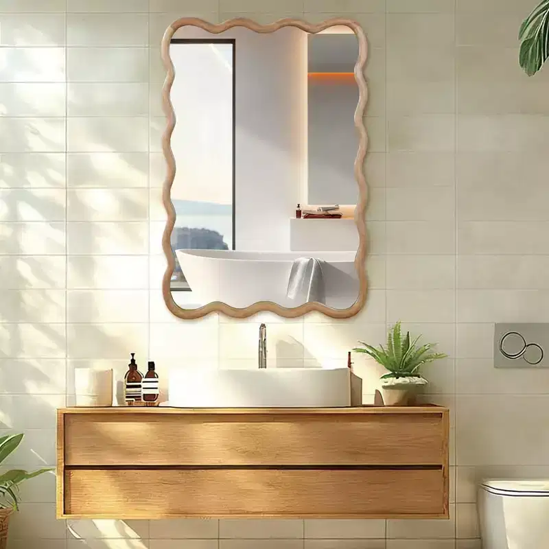PexFix 24 x 36 Wavy Rectangle Solid Wood Frame Decorative Mirror Modern Farmhouse Wall Mirror For Bedroom Bathroom Living Room Entryway Natural Wood