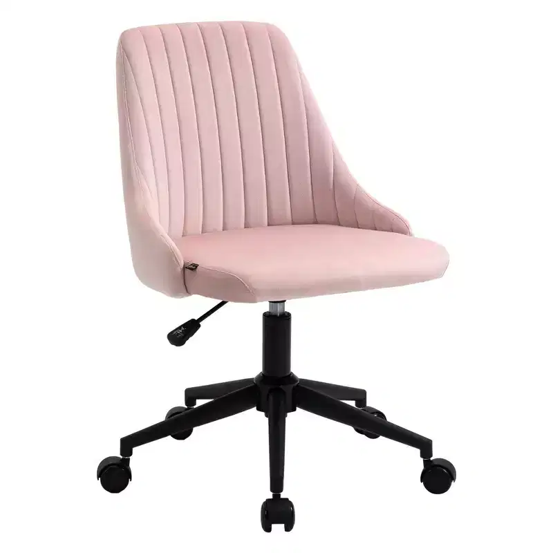 Okak Mid-Back Office Chair, Velvet Vanity Chair with Adjustable Height and 360 Swivel Wheels, Upholstered Comfy Chair for Office, Home, Pink