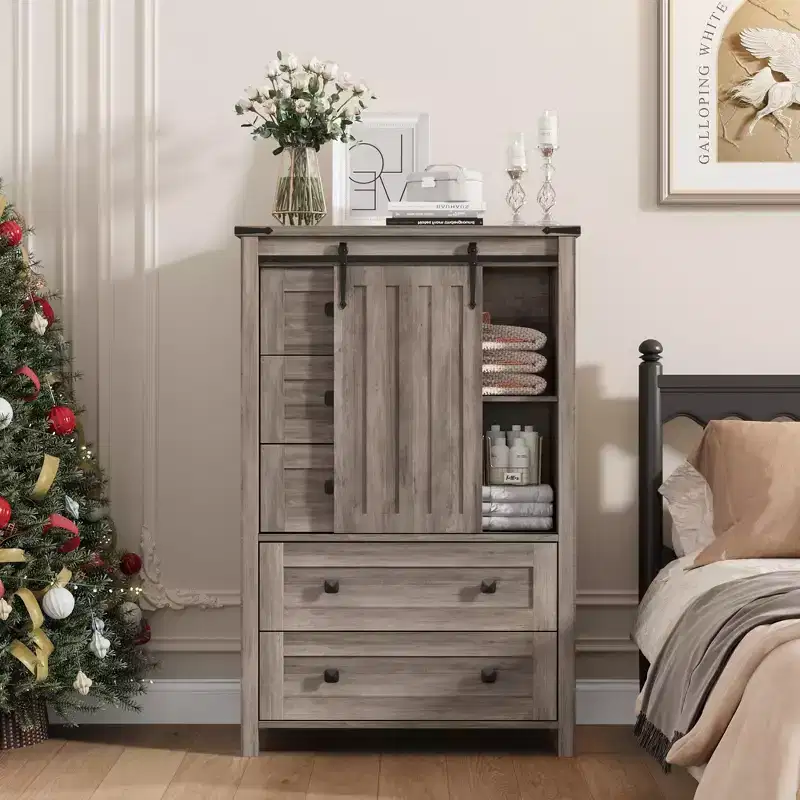 Whizmax 48 Farmhouse Dresser - 5-Drawer Wood Chest with Sliding Barn Door & Adjustable Shelf, Storage Organizer for Bedroom