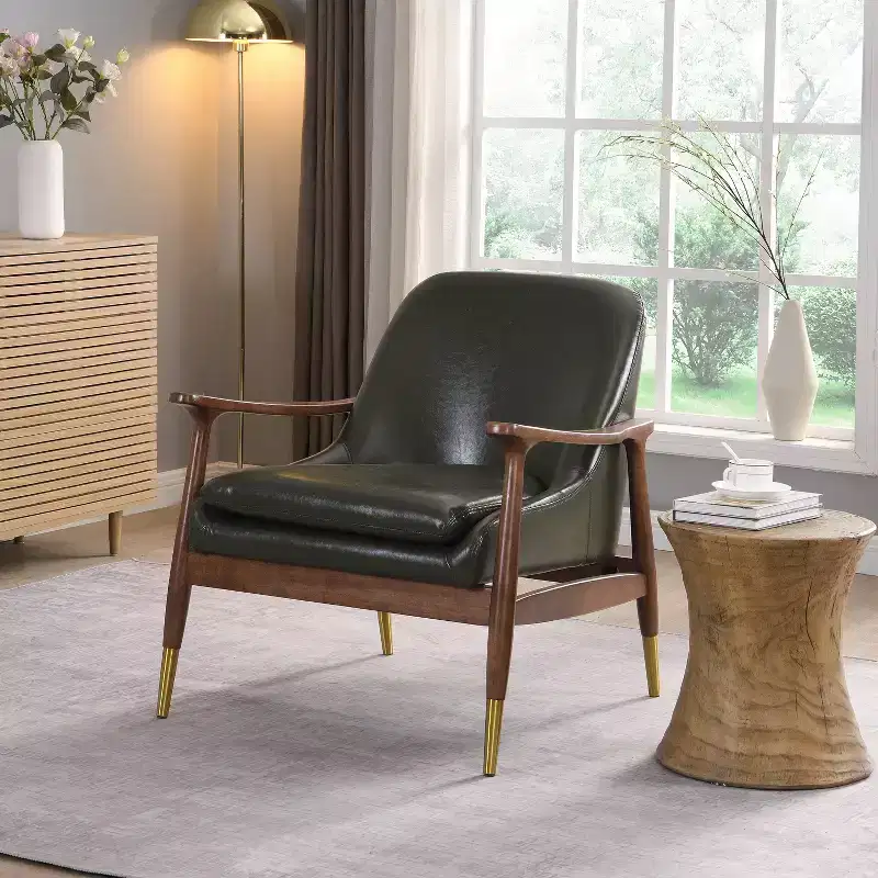 29.2-Inch Mid-Century Faux Leather Accent Chair with Brass-Tipped Legs, for Living Room or Office