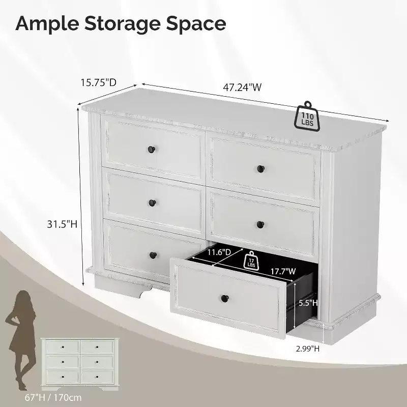 White 6-Drawer Wood Dresser for Bedroom, Chest of Drawers