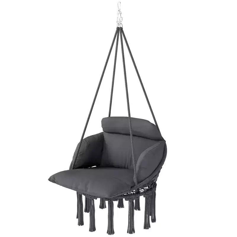 Hanging Hammock Chair with Cushion and Steel Frame Boho Style Indoor Outdoor