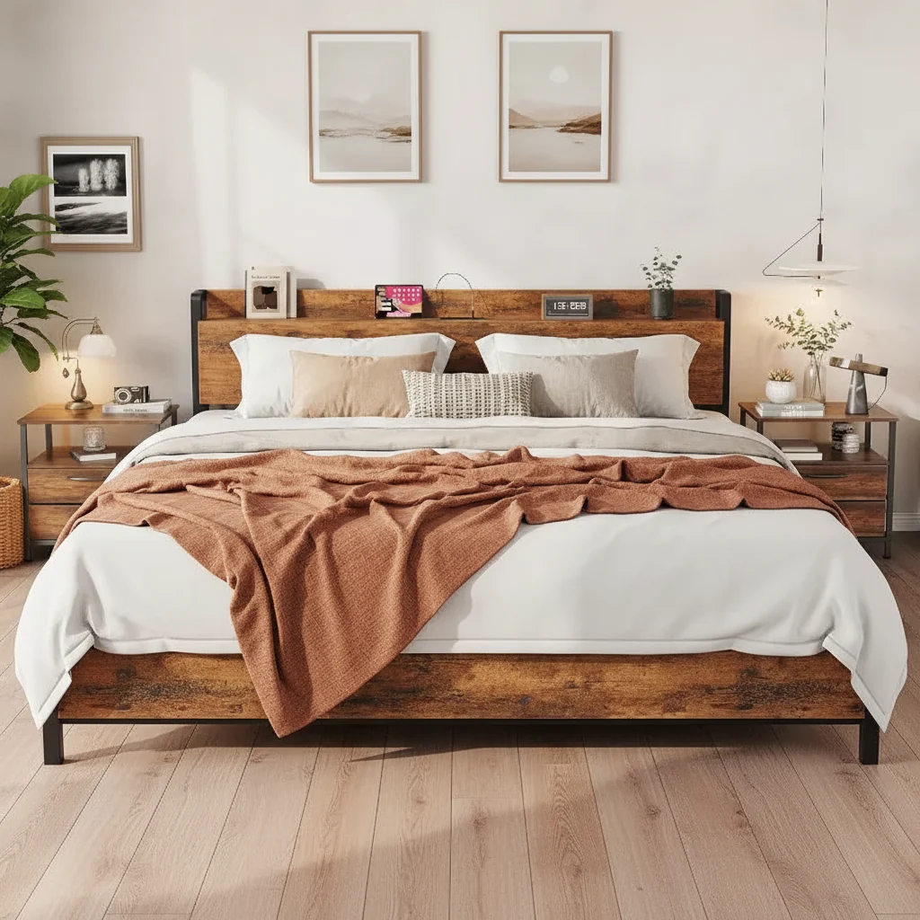 King Size Bed Frame with Charging Station and USB Ports, Platform Bed with Headboard & 2-Tier Storage, Brown
