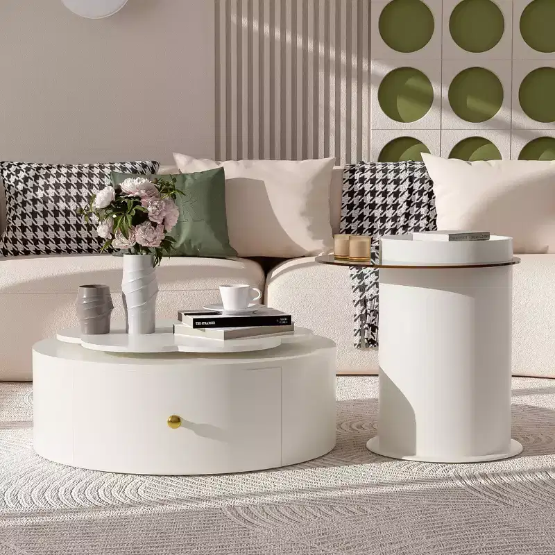 Okak Modern Coffee Table Set of 2, Sculptural Roman Column Base & Glass Top Side End Table, Irregular Center Table for Living Room