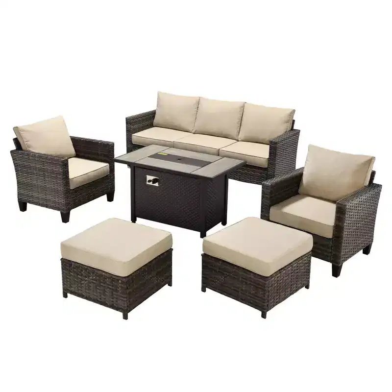 HOMLUX 6-Piece Patio Set w/ 42 Steel Fire Pit, 3-Seater Sofa, Single Chairs & Ottomans