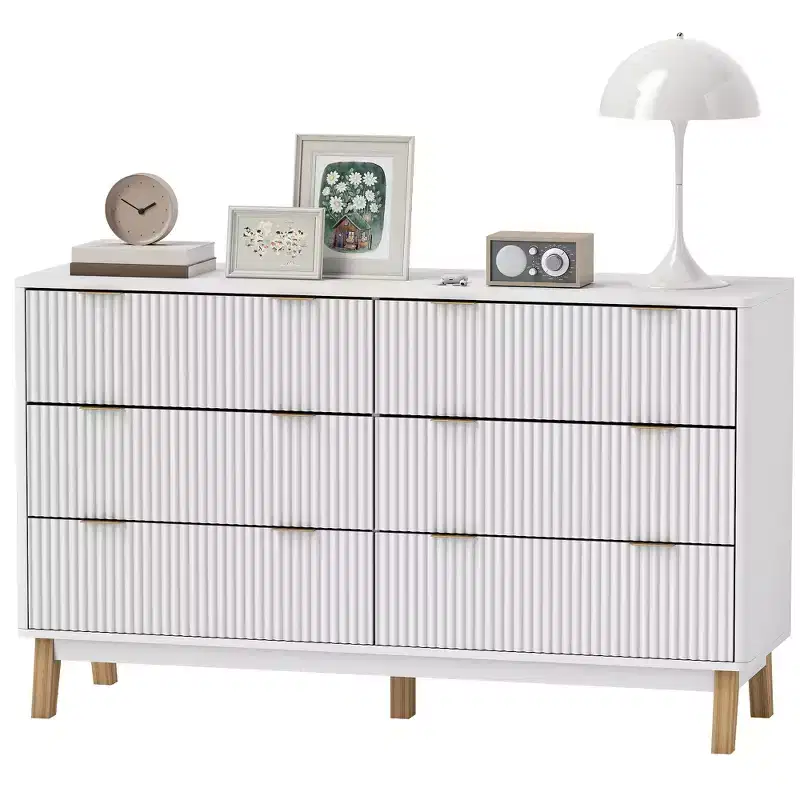 6-Drawer Double Dresser with Fluted Fronts Gold Finger Pulls Five Wooden Legs White