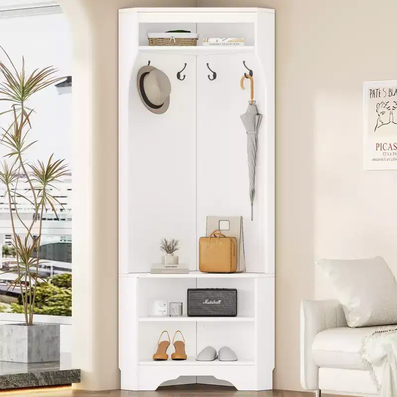 Minimalist Corner Hall Tree with Adjustable Shelf, Coat Tree with Shoe Bench and 4 Hooks, Versatile Coat Rack for Living Room, Entryway, White
