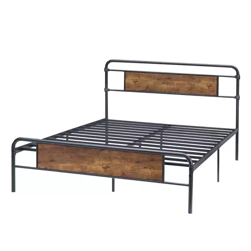 Queen Size Platform Bed Frame with Rustic Vintage Wood Headboard, Mattress Foundation, Strong Metal Slats Support, No Box Spring Needed
