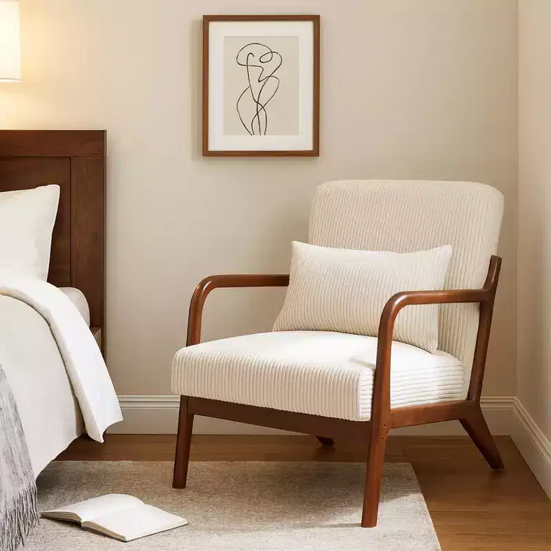Mid-Century Modern Accent Chair with Pillow and Solid Wood Frame, Upholstered Armchair for Living Room, Bedroom or Reading Corner