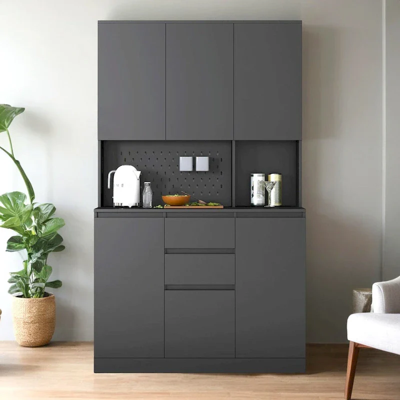 Black/White Freestanding Kitchen Pantry Cabinet with 6 Doors, 3 Shelves & 1 Drawer – Single Unit