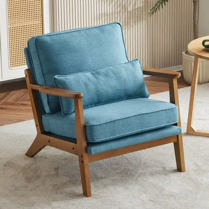 Upholstered Linen Blend Accent Chair with Wooden Legs and One Pillow Beige