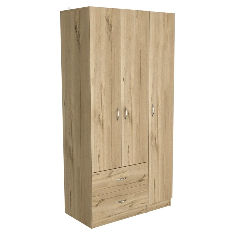 3-Door Armoire with Drawers, Shelves & Hanging Rod – Black / Smoky Oak & White