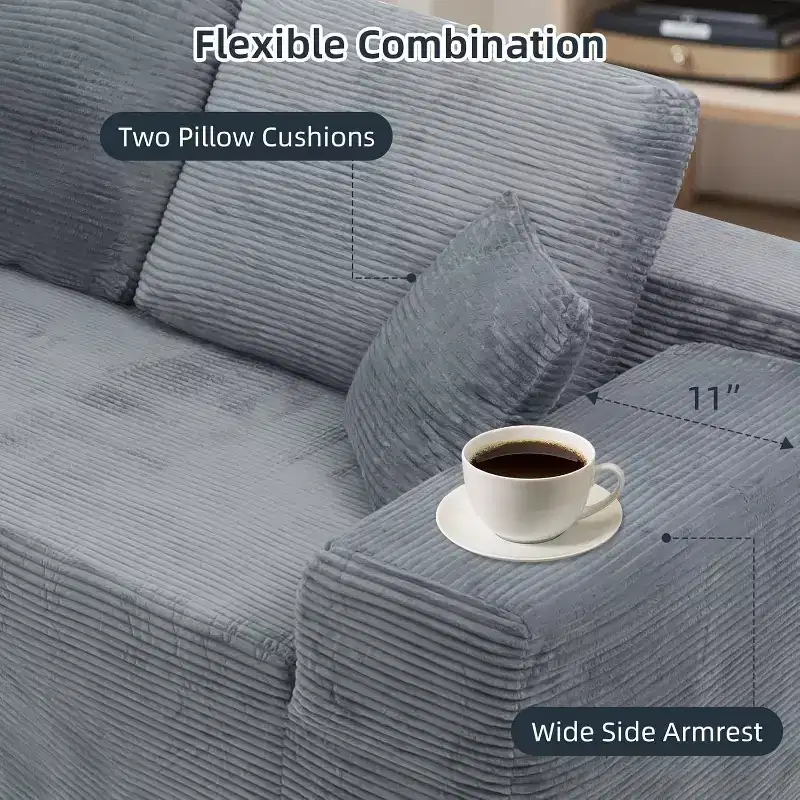 MooxvMoo 105 Modular Sectional Sofa with Throw Pillow & Deep Seat,No Assembly Required,Comfy Corduroy L Shaped Couch with Chaise,Gray