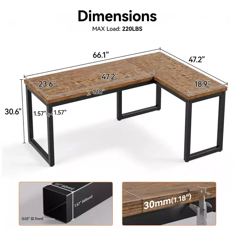66 Inch L-Shaped Corner Computer Desk, 1.2 Extra-Thick Desktop, Heavy-Duty Metal Frame, Home Office Gaming Writing Workstation, Rustic Brown