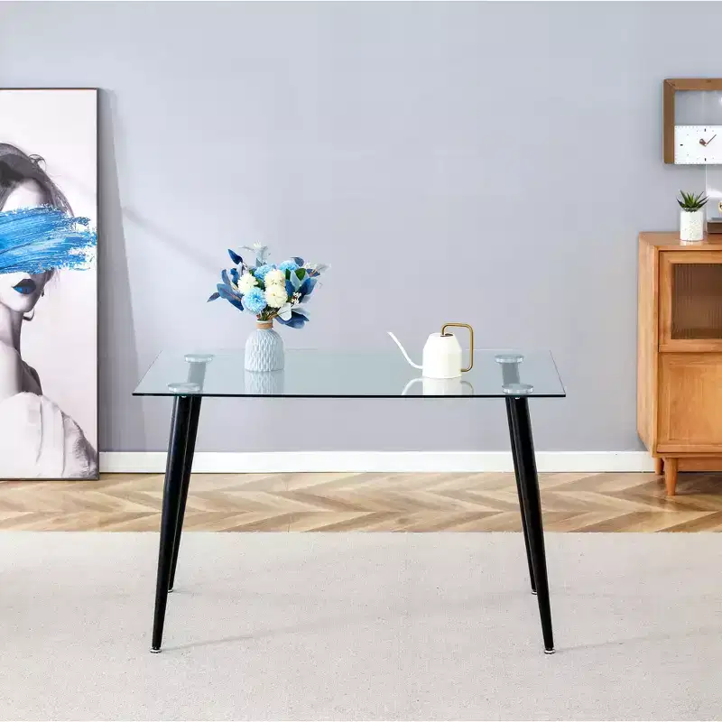 Okak Dining Table for Small Space, Contemporary Rectangle Tempered Glass Dining Table with Metal Legs for 4 People