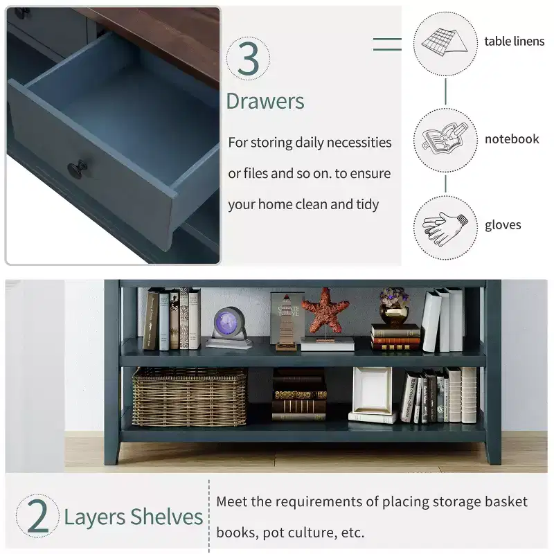 Whisen Modern Design Console Table with 3 Drawers and 2 Open Shelves