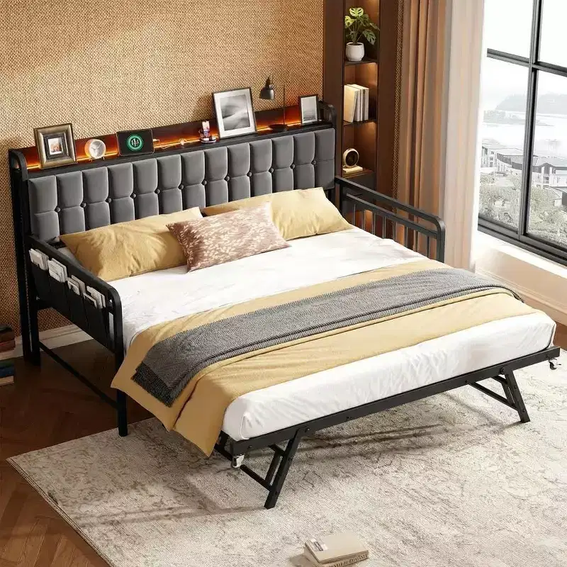 Twin Daybed with Trundle, Upholstered Sofa Bed Frame with LED Light, Charging Station and Storage Headboard, Heavy Duty Metal Slats