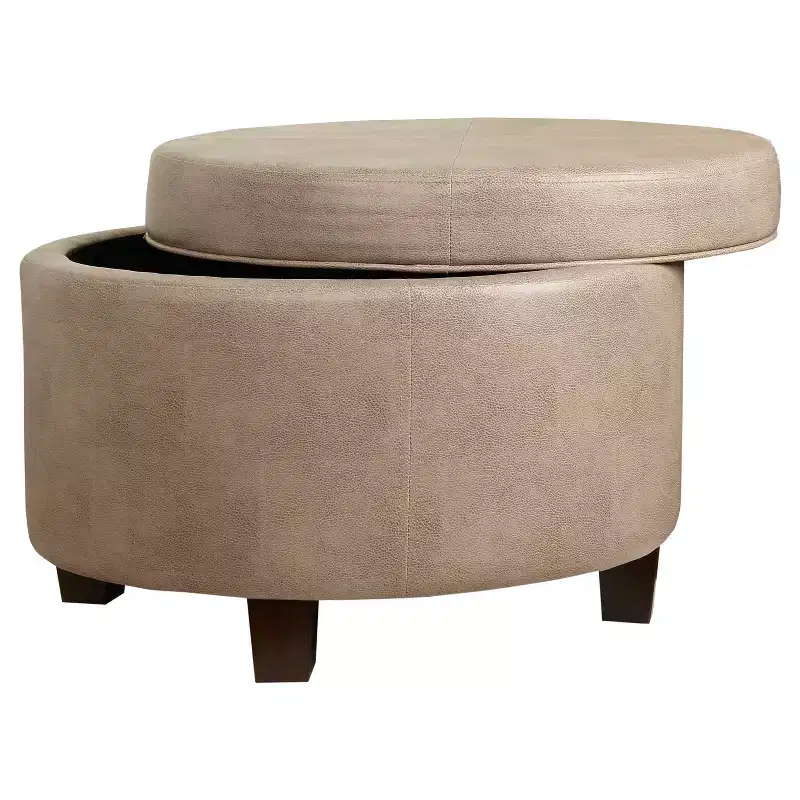 Round Faux Leather Storage Ottoman Taupe - HomePop