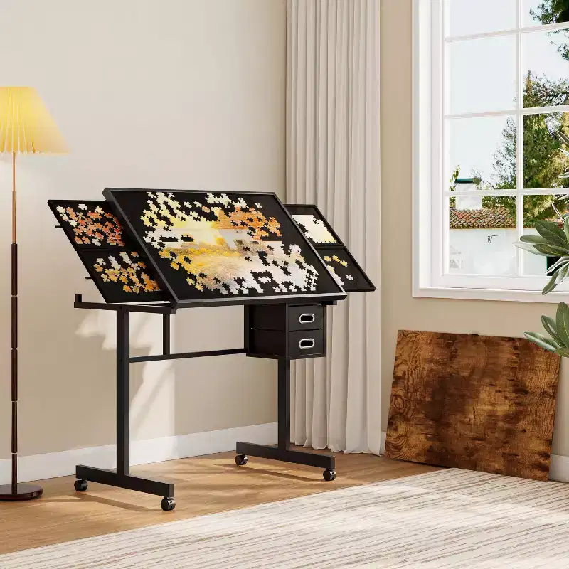 Okak Modern Adjustable Jigsaw Puzzle Drafting Table with Storage & Wheels,Metal Board Drafting Desk for Adults & Teens