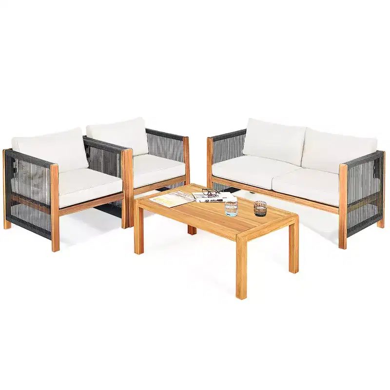 Costway 4PCS Wooden Patio Furniture Set Cushioned Sofa W/Rope Armrest White\Turquoise\Red