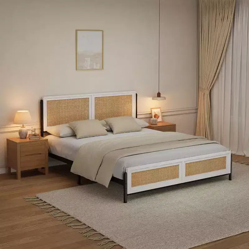 Queen Size Boho Rattan Bed Frame, Natural Rattan Headboard & Footboard, Metal Slats, Underbed Storage, Noise-Free, No Box Spring Needed