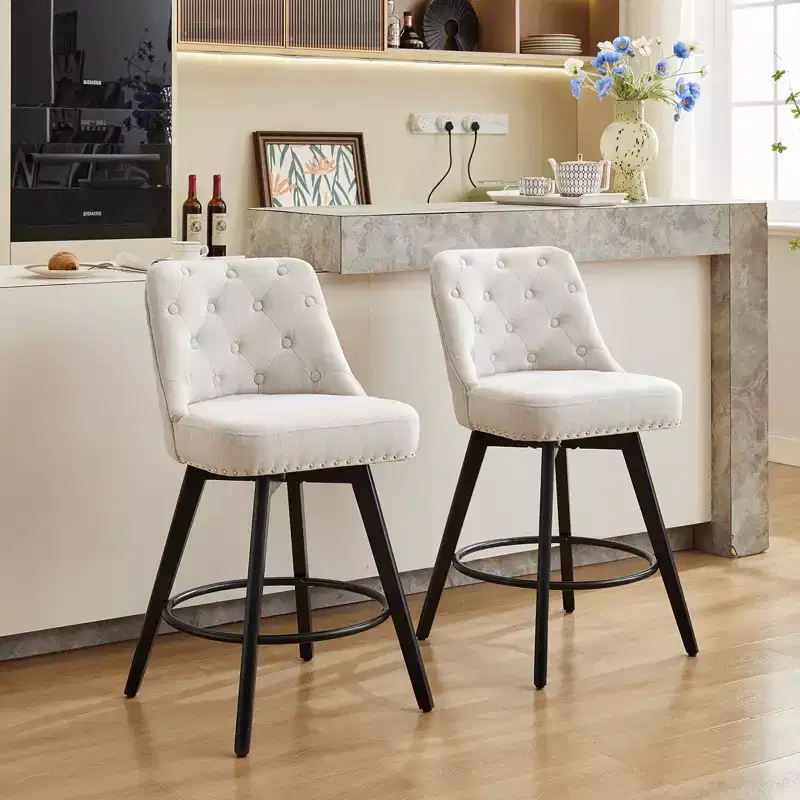 Set of 2 Modern Swivel Bar Stools, 26 Counter Height Bar Chairs with Back and Wooden Legs, Upholstered Kitchen Barstools for Kitchen, Dining