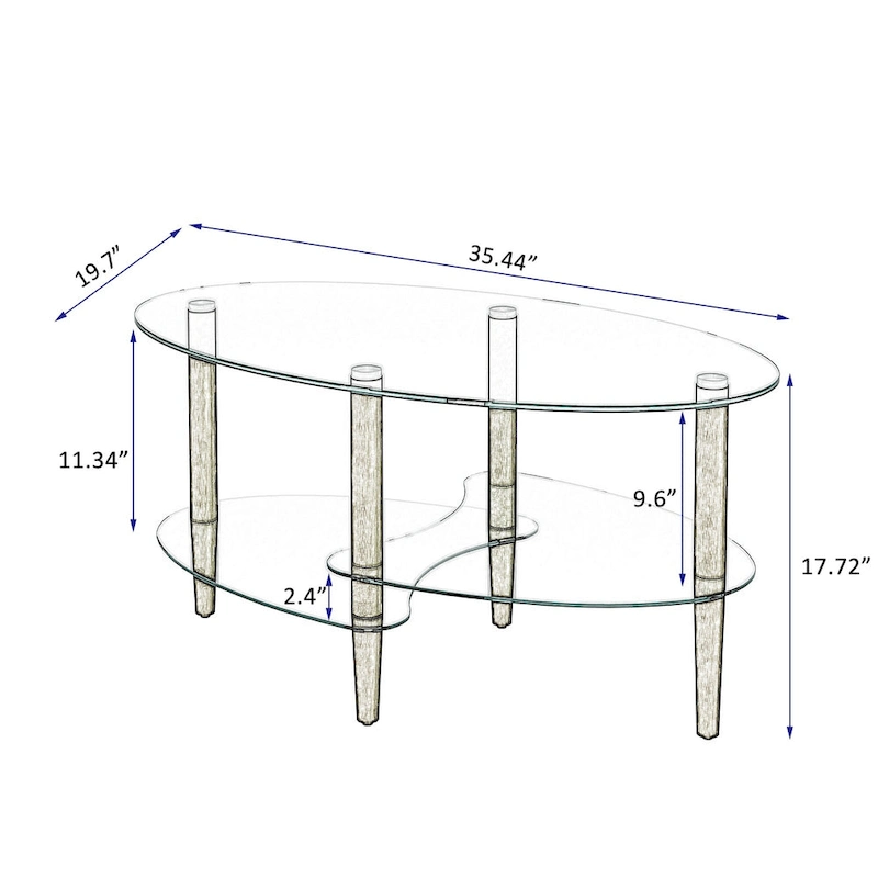 Oval glass coffee table, Transparent coffee table, modern table in living room with Oak wood legs, tea table