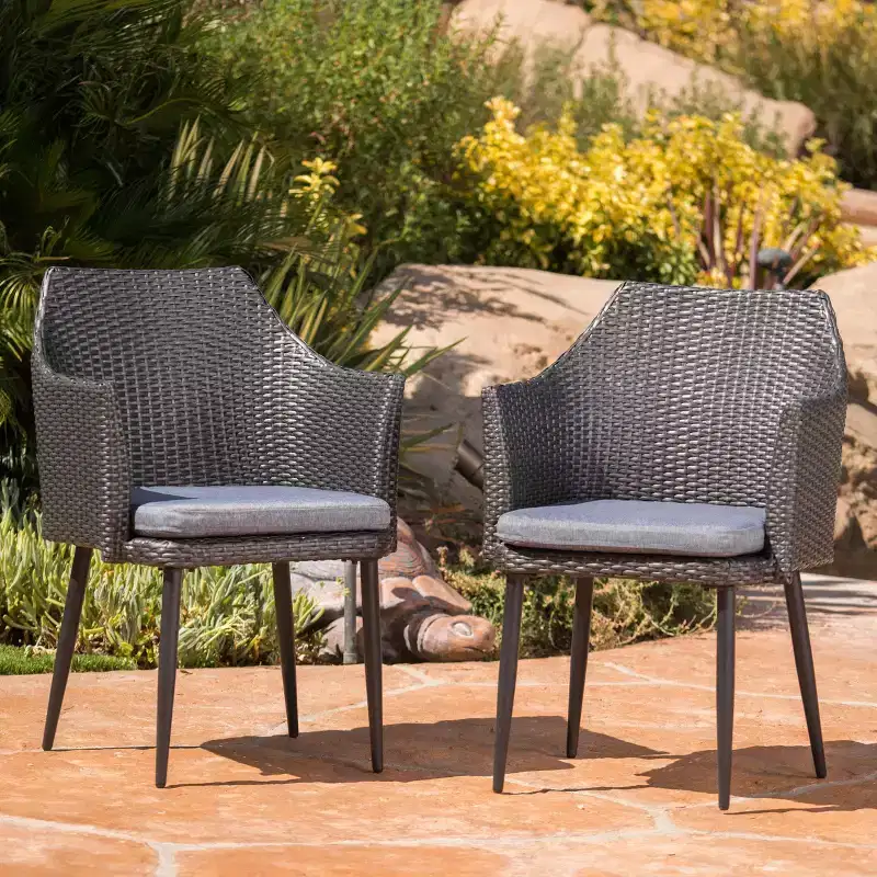 Outdoor Dining Chairs, Patio Dining Chairs Set of 2, All-Weather PE Rattan Armchairs, Heavy Duty Iron Frame Patio Wicker Chairs for Balcony