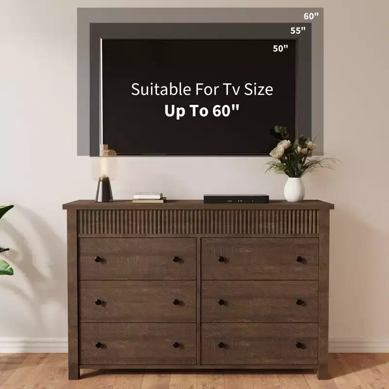 6 Drawer Dresser for Bedroom, 47w Wooden Chest of Drawers, Fluted Dresser TV Stand, Clothes Storage Organizer for Bedroom Hallway