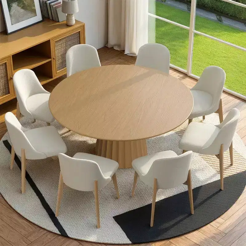 PexFix 60 Modern Round Dining Table Set with 8 Upholstered Chairs Natural Textured Wood Top Pleated Pedestal Base Beige Seats for Kitchen Dining Room