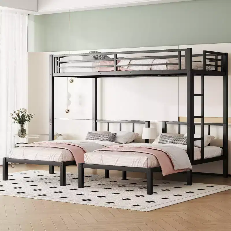 Bellemave Twin over Twin & Twin Metal Triple Bunk Bed, Detachable L-Shape, Convertible to 3 Beds, Guardrails & Shelf, Black