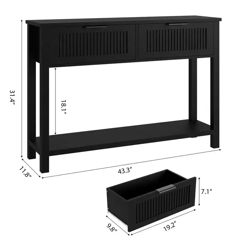 Coolmee 43.3 Old-Fashioned Console Table C Slim Vintage Entryway Sofa Table in Warm Wood Finish with 2 Drawers for Living Room & Hallway - Black