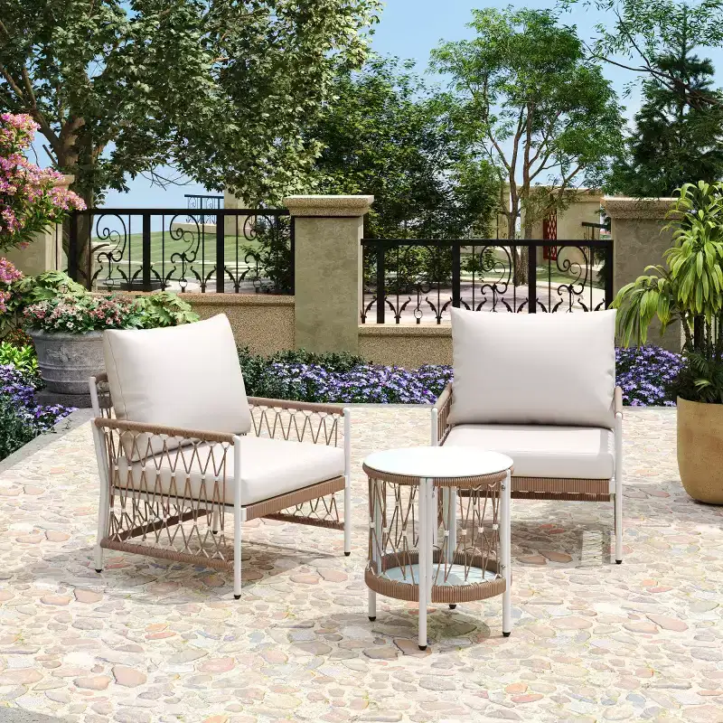 3-PCS Boho Patio Furniture Set with 2 Lounge Chairs & Glass Top Side Table, Outdoor Conversation Set for Backyard or Poolside-Panipeachy