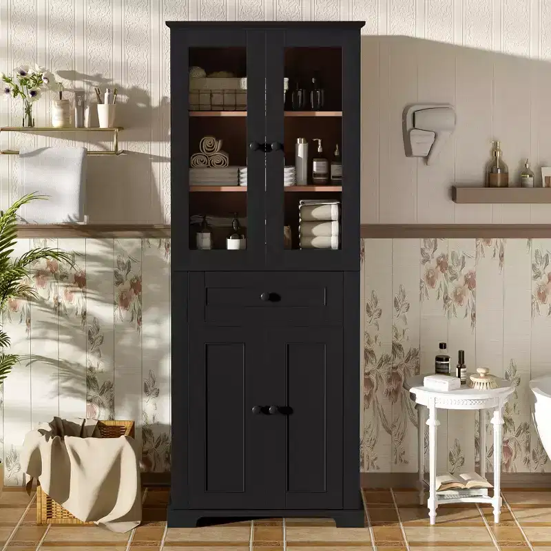 Clihome 67.57 Tall Bathroom Storage Cabinet with Adjustable Shelves & Drawer  Modern Freestanding Linen Tower, Soft-Close Design