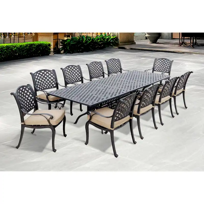 Nassau 11-Piece Patio Dining Set with Sesame Cushions and 42 x 92 / 42 x 120 Rectangular Extension Dining Table