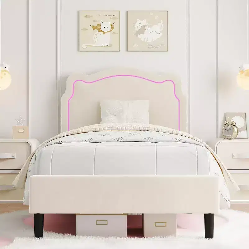 Bear-Shaped Velvet Twin Bed Frame with RGB Lighting, Adjustable Headboard, No Box Spring, Kids Platform