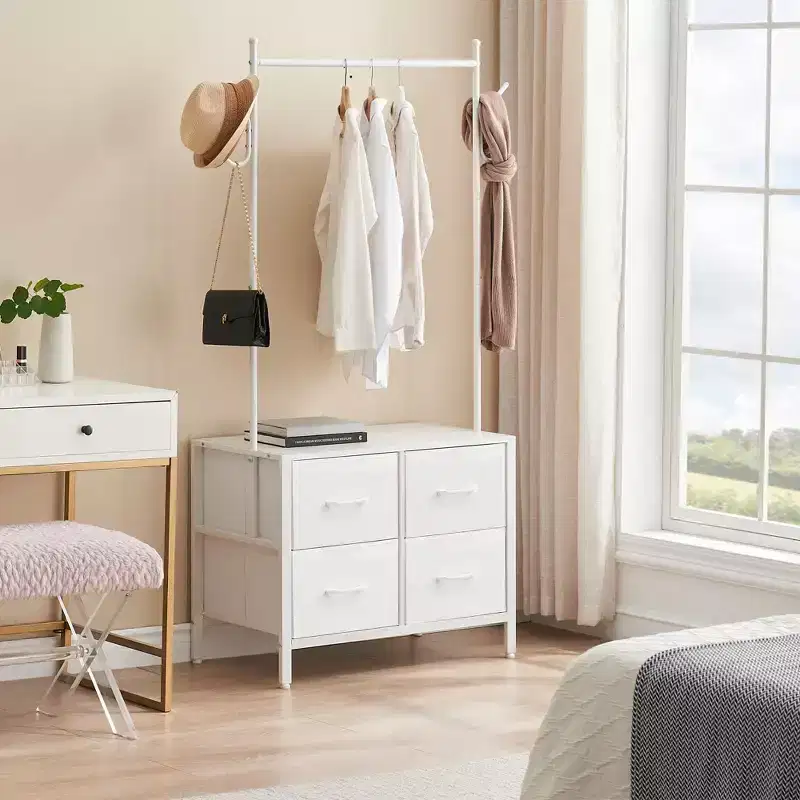 Zstar Clothing Rack with 4 Drawers, Freestanding Closet Organizer, Clothes Stand Dresser with Steel Frame & Wooden Top