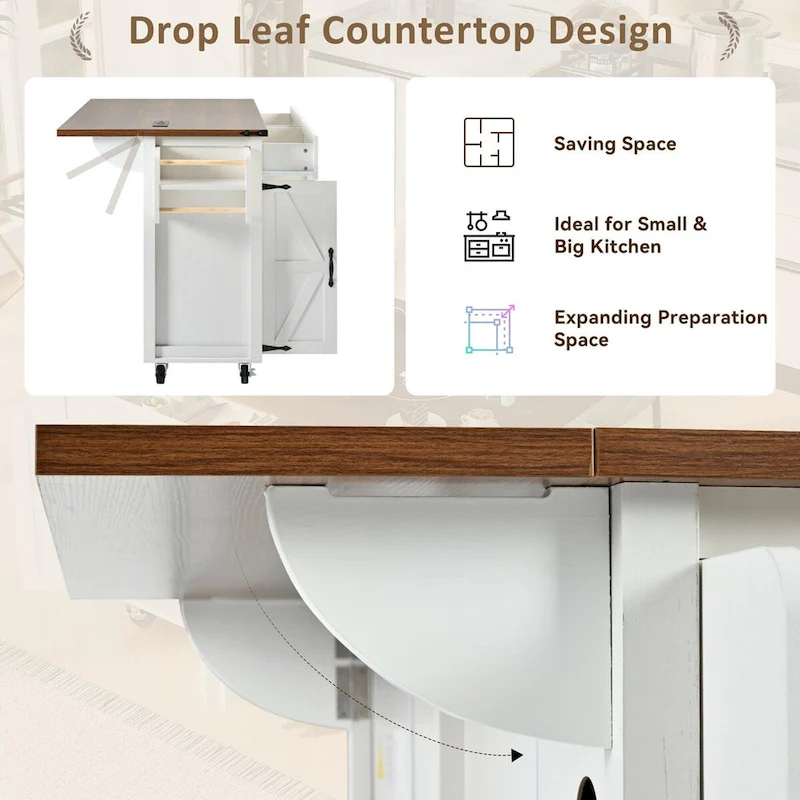 53.5 Farmhouse Kitchen Trolley with Power Outlet, Drop Leaf, Spice Rack, and Drawers, Mobile Cart on Wheels