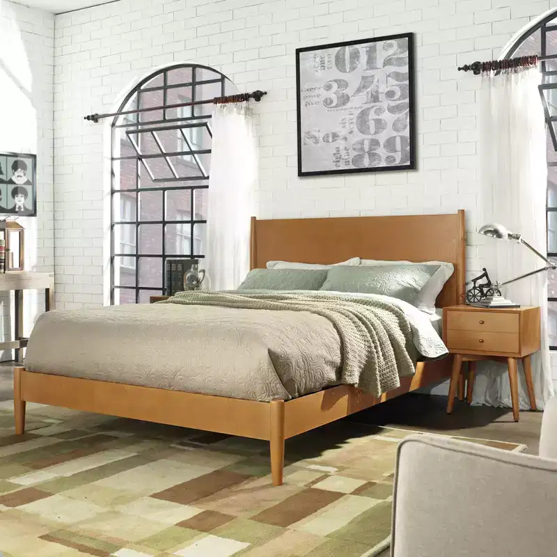 Mid-Century Solid Wood Platform Bed with Hardwood Headboard