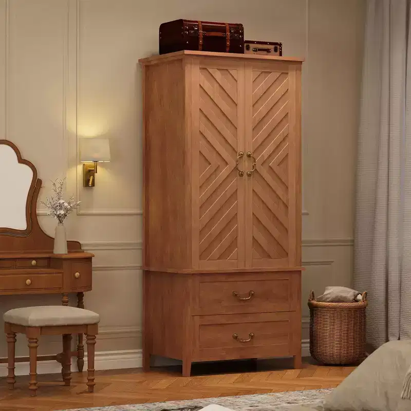 71H Tall Farmhouse Wooden Armoire Closet w/ 2 Doors & Hanging Rod, Freestanding V Shape Wardrobe Storage Cabinet for Clothes, Bedroom, Rustic Brown