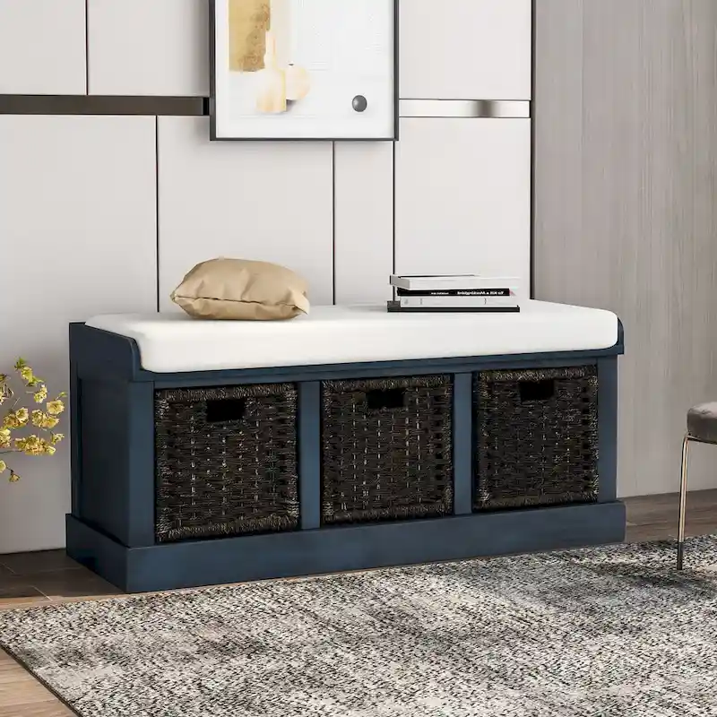 Entryway Bench with 3 Removable Rattan Baskets