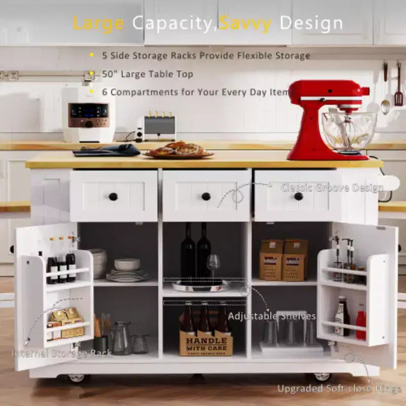 53 inch White Large Kitchen Island with 2 Bar Stools, Kitchen Storage Cart on 5 Wheels with Drop Leaf for Kitchen Dining Room