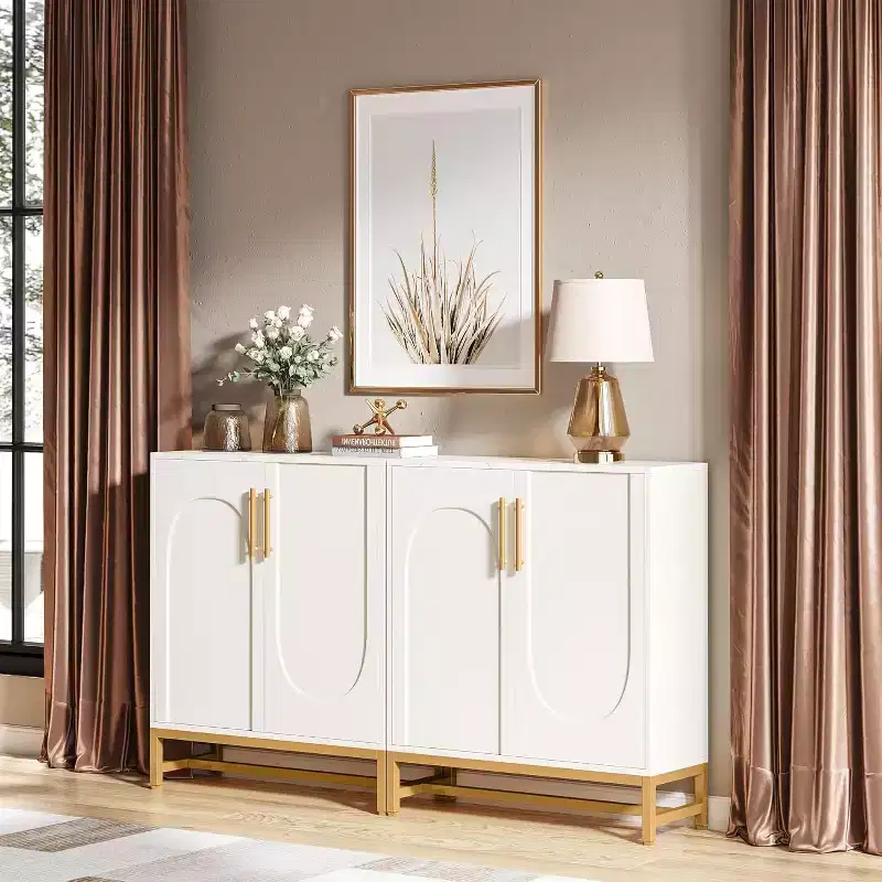 Modern White Sideboard Buffet Cabinet with 4 Doors and Adjustable Shelves
